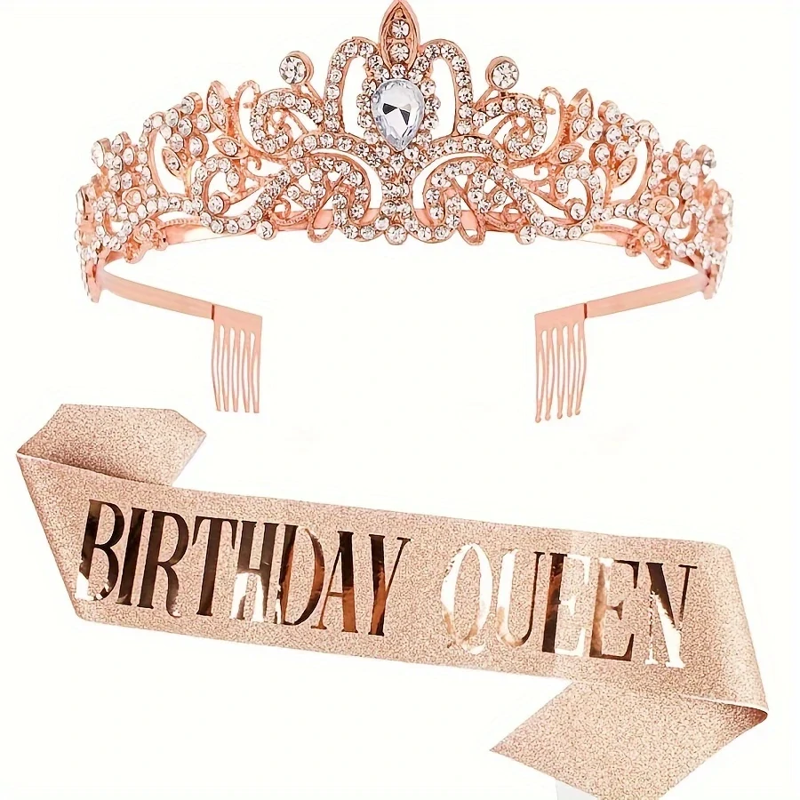 Kovová narozeninová korunka + šerpa BIRTHDAY QUEEN růžovozlatá