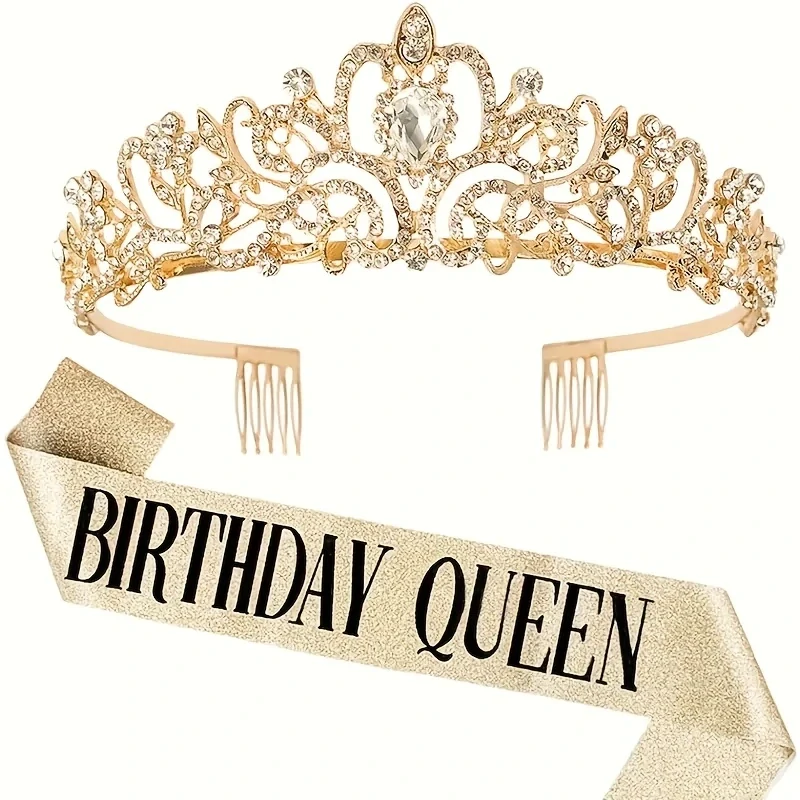 Kovová narozeninová korunka + šerpa BIRTHDAY QUEEN Zlatá