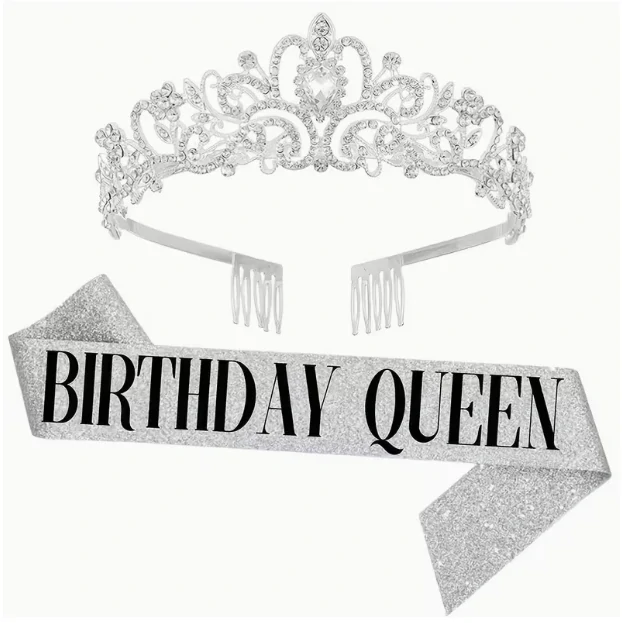 Kovová narozeninová korunka + šerpa BIRTHDAY QUEEN Stříbrná