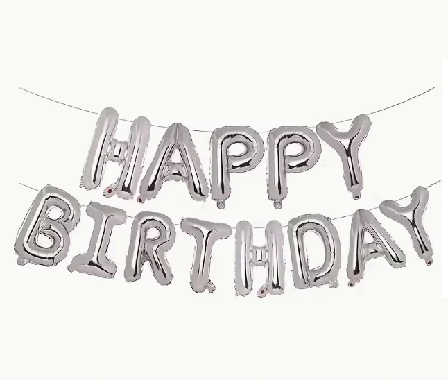 Fóliový nápis HAPPY BIRTHDAY – stříbrný (40 cm výška písmen)