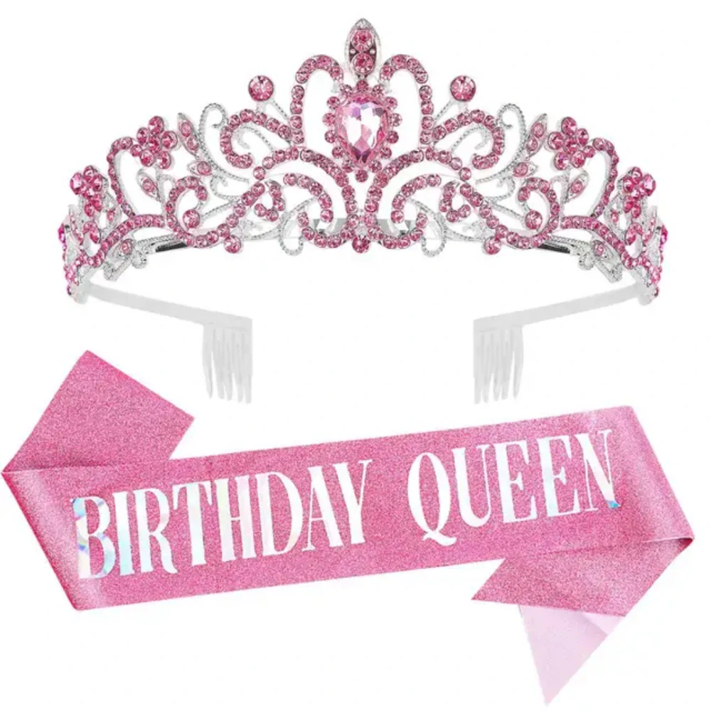Kovová narozeninová korunka + šerpa BIRTHDAY QUEEN růžová