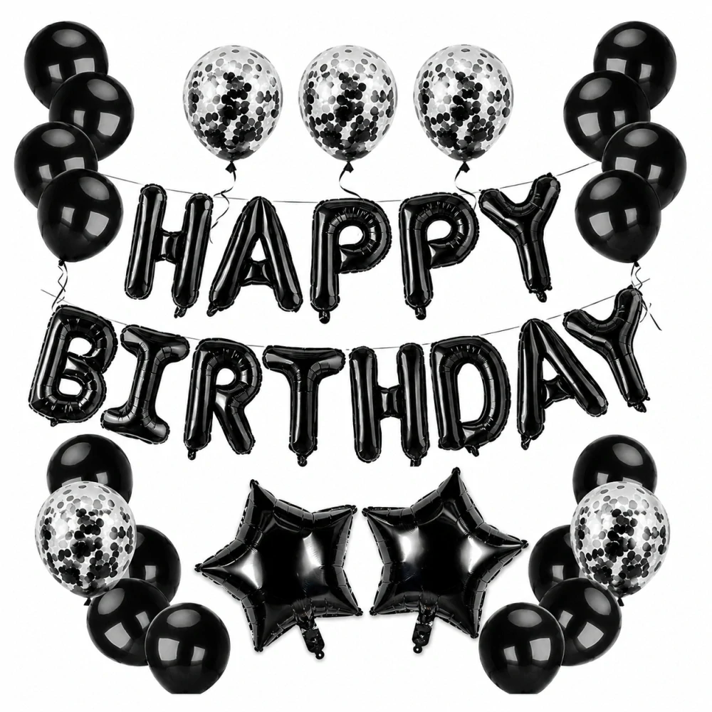 Sada balónků – Happy Birthday černá -zlatá + 14 balónků