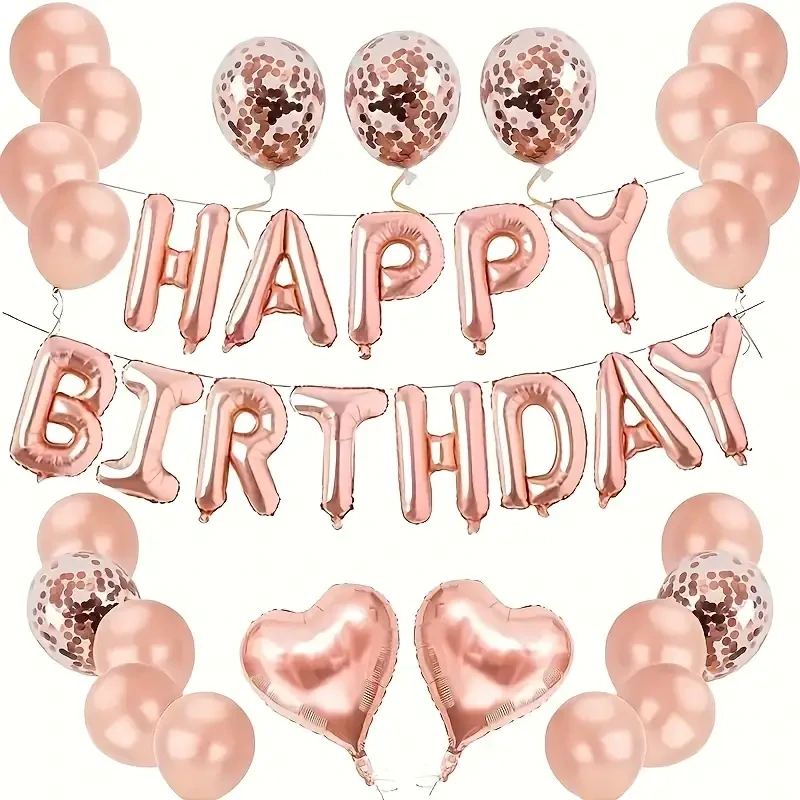 Sada balónků – Happy Birthday růžovo-zlatá + 14 balónků