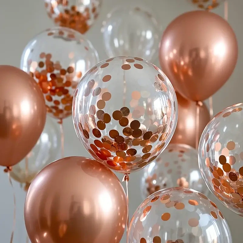 Průhledné latexové balónky s konfetami – Růžovozlaté (5 ks)