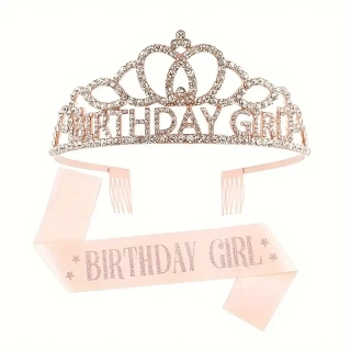 Kovová narozeninová korunka + šerpa BIRTHDAY GIRL  růžovozlatá