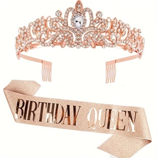 Kovová narozeninová korunka + šerpa BIRTHDAY QUEEN růžovozlatá