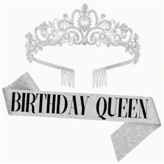 Kovová narozeninová korunka + šerpa BIRTHDAY QUEEN Stříbrná