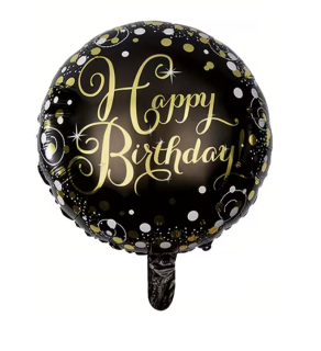 Fóliový balónek kulatý– černý HAPPY BIRTHDAY (45 cm)