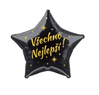 Fóliový balónek hvězda – černý Všechno nejlepší (45 cm)