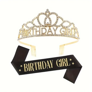Kovová narozeninová korunka + šerpa BIRTHDAY GIRL  Zlatá