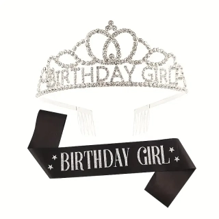  Kovová narozeninová korunka + šerpa BIRTHDAY GIRL Stříbrná