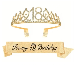 Kovová narozeninová korunka + šerpa Its my 18 birthday Zlatá