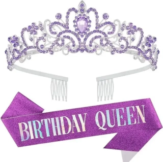 Kovová narozeninová korunka + šerpa BIRTHDAY QUEEN fialová 