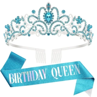 Kovová narozeninová korunka + šerpa BIRTHDAY QUEEN modrá 