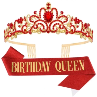Kovová narozeninová korunka + šerpa BIRTHDAY QUEEN zlatá s červenými kamínky 