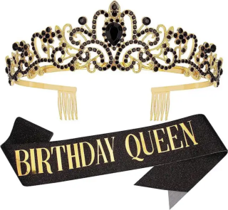 Kovová narozeninová korunka + šerpa BIRTHDAY QUEEN zlatá s černými kamínky 
