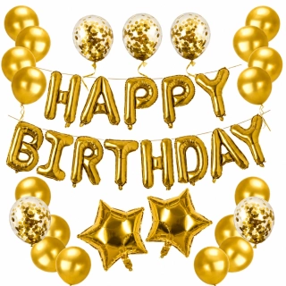 Sada balónků – Happy Birthday zlatá + 14 balónků
